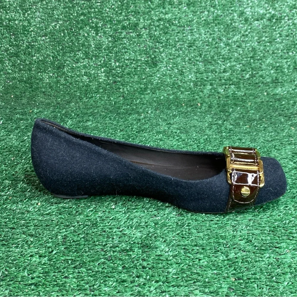 Tory Burch Black Flannel‎ “Martha” Flats Chain Link Womens Size 6 M